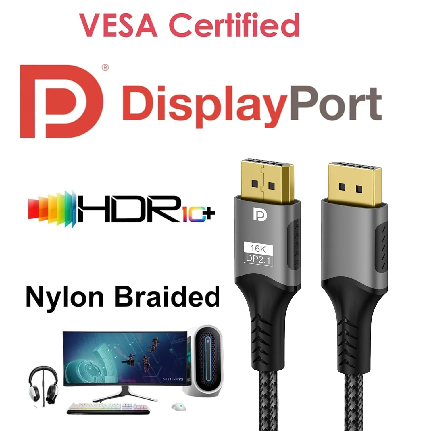DisplayPort 2.1 Cable 80Gbps 10FT, DP to DP Cable 16K 8K 240Hz 4K 540Hz 360Hz 240Hz 120Hz 16K 60Hz Ultra High Bit Rate UHBR20 DSC1.2a Laptop PC Monitor Ryzen7900 FreeSync G-Sync