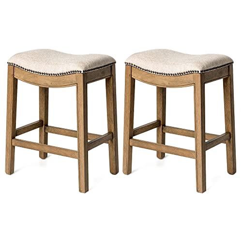 Maven Lane Adrien 26 Inch Counter Height Upholstered Backless Saddle Barstool in White Oak Finish with Natural Color Fabric Cushion Seat, Set of 2