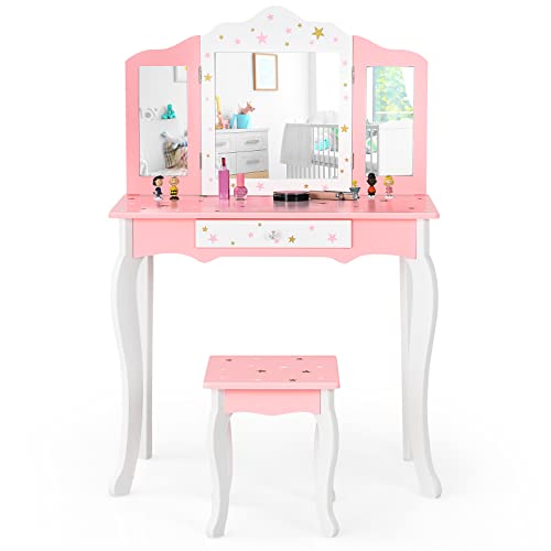 KOTEK Kids Vanity with Tri-Fold Mirror and Stool, Wooden Princess Makeup Dressing Table w/Large Drawer, Star Pretend Play Vanity Table Set for Little Girls (Star, Pink)
