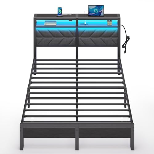 Seventable Bed Frame Full Size with Charging Station, LED Bed with Upholstered Storage Headboard, Metal Platform Bed with Under Bed Storage, No Box Spring Needed, Noise Free, Easy Assembly, Grey