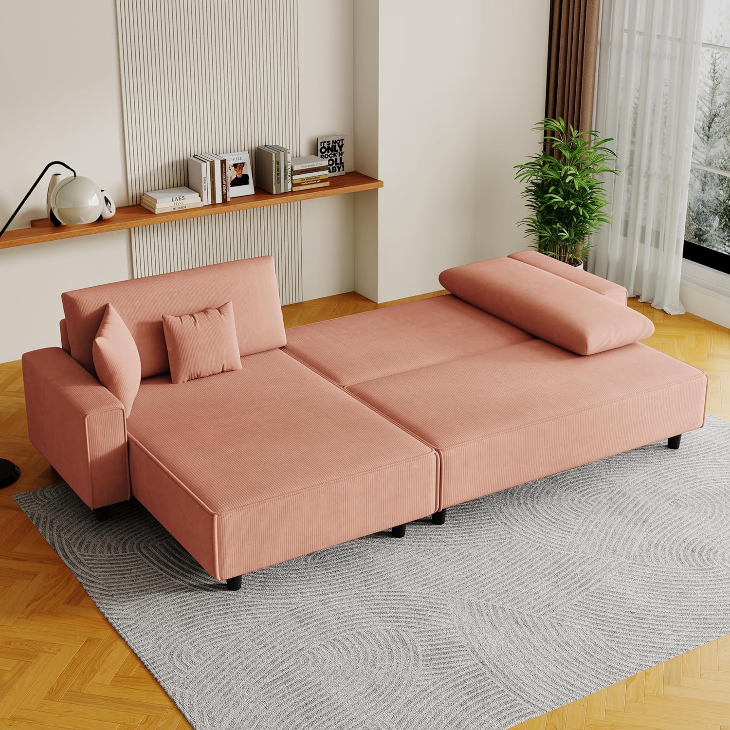 Corduroy L Shaped Sectional Couch with Reversible Chaise Lounge, Pull Out Sofa Bed, One Adjust Backrest, Hidden Storage Space, Two Versatile Pillows, 3 Seats Wide Living Room Furniture Set