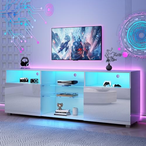 SUSSURRO LED TV Stand for 75/80 inch TV, Television Table Center Media Console with Drawer and Led Lights, High Glossy Modern Entertainment Center for Living Game Room Bedroom, Black