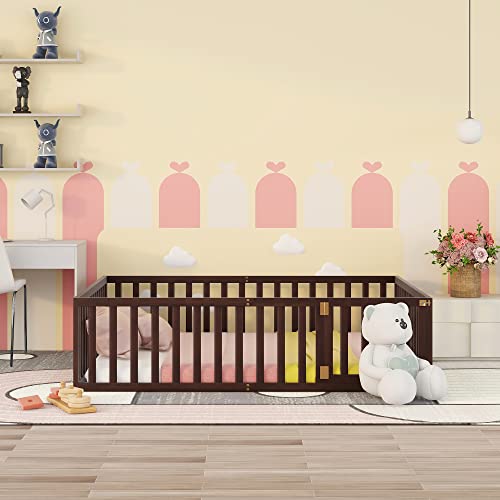 Bellemave Queen Floor Bed for Kids, Montessori Bed Frame with Fence-Shaped Guardrails and Door, Wooden Floor Queen Bed for Kids, Toddler, Boys Girls(Gray, Queen Size)