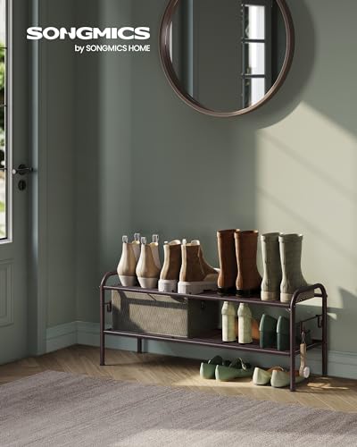 SONGMICS Shoe Rack, 3-Tier Shoe Organizer, Metal Shoe Shelf Storage with 4 Side Hooks, Holds 15 Pairs of Shoes, Height-Adjustable Shoe Rack for Entryway, Hallway, Closet, Easy Assembly, Chestnut Brown