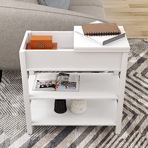 INMOZATA Side Table/Nightstand/End Table, Bedside Table with Flip Top and 2 Storage Shelves, Narrow Side End Table for Small Spaces, Living Room, Bedroom,White