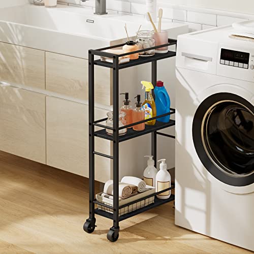 Rolling Cart, Mobile Kitchen Cart on Wheels, Narrow Storage Cart for Small Space, Wooden Service Cart, for Bathroom, Laundry, Living Room, Rustic Brown RCHR4001