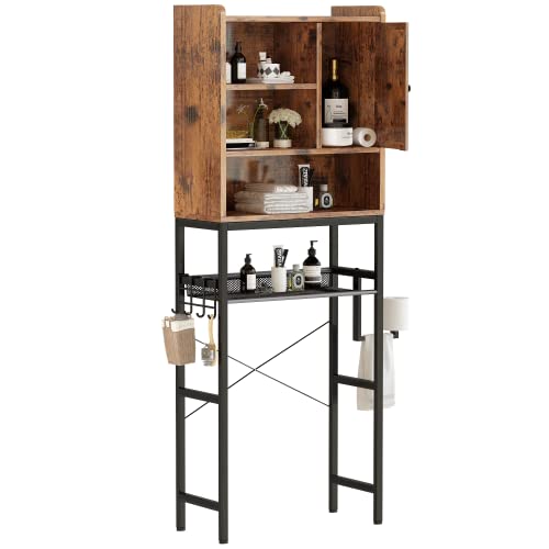 AWQM Over The Toilet Storage Cabinet, Bathroom Cabinet Organizer with Adjustable Shelf, Freestanding Space Saver Toilet Stands with Door, Paper Hook, Multifunctional Bathroom Toilet Rack, Rustic Brown