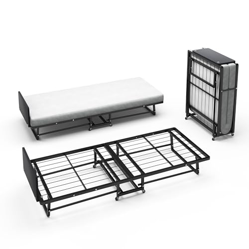 Rollaway Bed, Folding Bed with Mattress for Adults, Portable Bed with High Density Foam Twin Mattress and Metal Frame, 75 X 31 Inch, Weight 300 Lbs As shown' Black