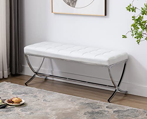 Shunzhi Waterproof Entryway Bench Modern Modern Faux Leather Vanity Bench Upholstered Dining Bench Ottoman Stool Button Tufted Bench Waiting Room Bench with Metal Legs for Living Room/Bedroom, White