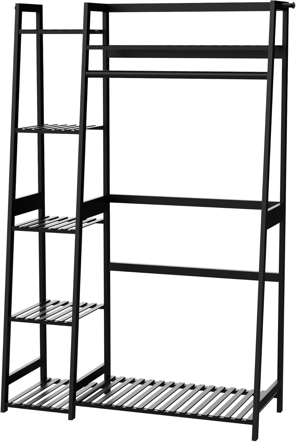 WTZ Clothes Rack for Hanging Clothes, Bamboo Garment Rack Heavy Duty Clothing Rack with Shelves for Living Room, Bedroom, Entryway, Bathroom (CR-538 Black)
