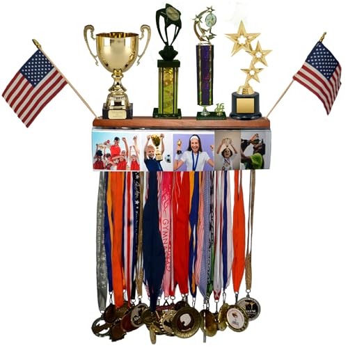 Medal Hanger and Trophy Display Shelf, Wooden Medal Holder and Trophy Shelf for Wall with 25 hooks for Award Ribbon Holder Medal Rack, Fully Assembled with Removable Photo Display.