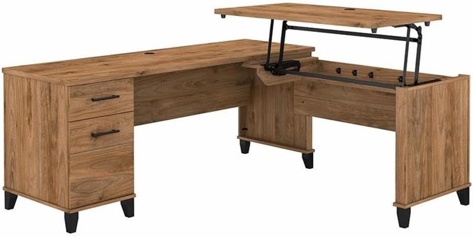 Bush Furniture UrbanPro 3 Position Sit to Stand L Shaped Desk in Fresh Walnut - Engineered Wood