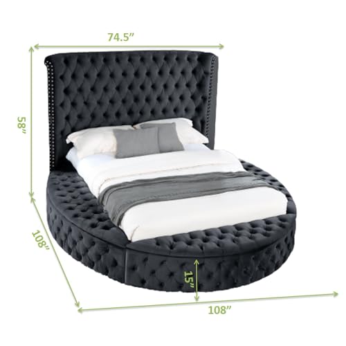 Circle Bed Frame Queen, Luxury Bed Frames with Wingback Headboard and Storage Side Rails & Footboard, Velvet Round Bed Frame with USB Chargers and Speakers, Circle Bed for Bedroom