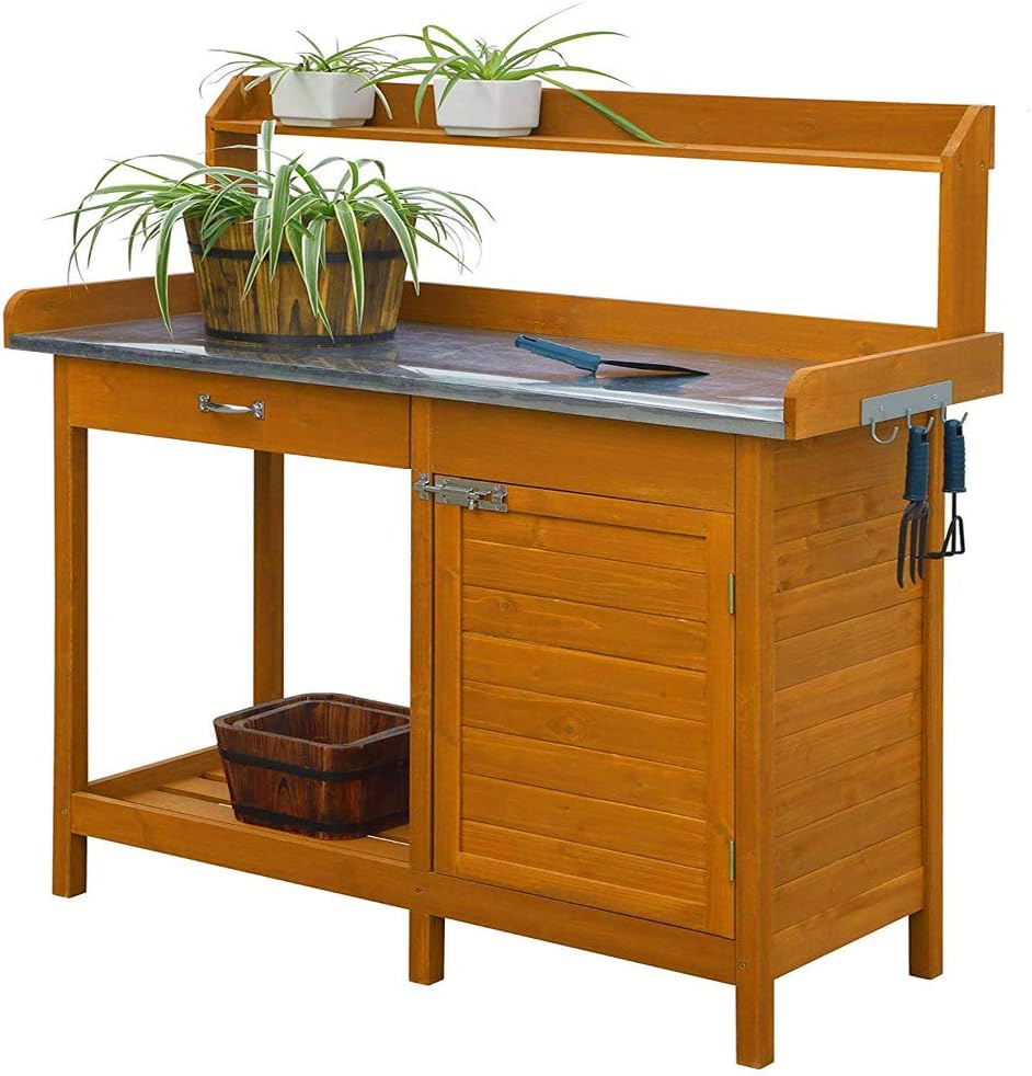 EFD Patio Potting Bench Table Wooden Brown Finish Sturdy Practical Ample Surface Bottom Slatted Open Storage Shelf Top Shelf Wide Table Top & Cabinet Outdoor Garden Backyard & eBook by Easy&FunDeals