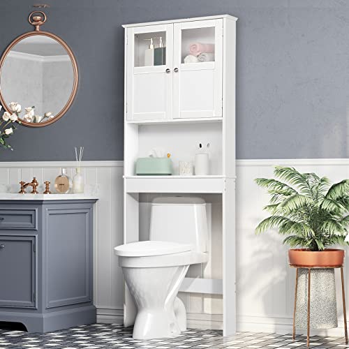 Bonnlo Over The Toilet Storage Cabinet with Adjustable Shelf White Bathroom Floor Organizer Space Saver with Double Doors, 67