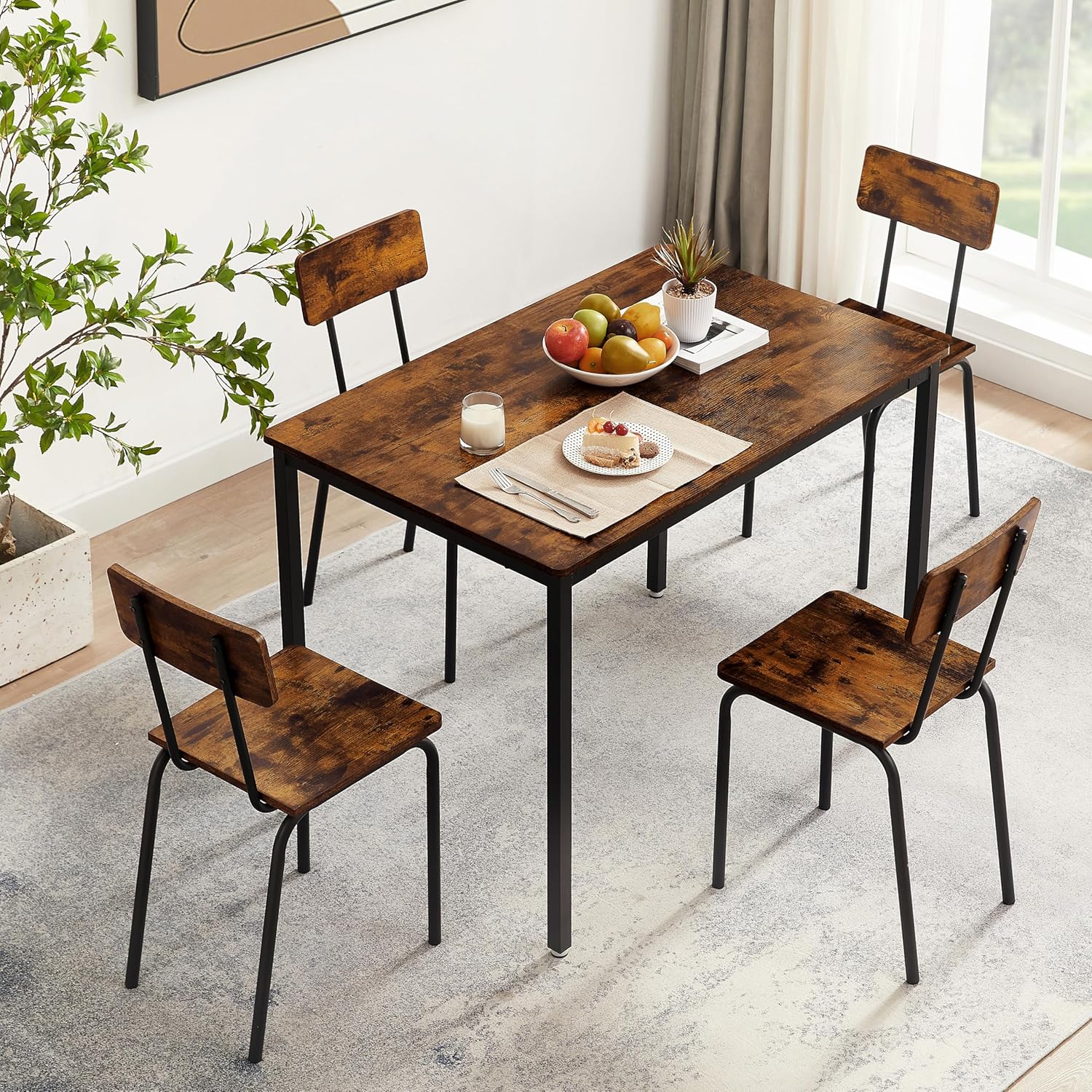 5-Piece Kitchen Bar Chair of 4, Industrial Dining, Metal Frame Breakfast Nook Counter Height Table Sets, for Restaurant, Bistro Pub, Rustic Brown, 43.31'' L x 27.56'' W x 30.32'' H