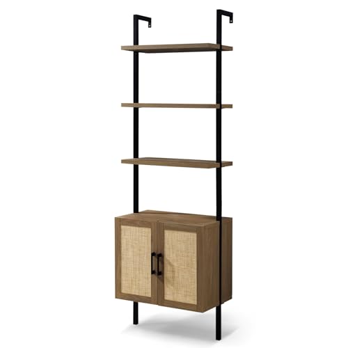 Ladder 5 Tier Bookshelf with Rattan Cabinet, 73