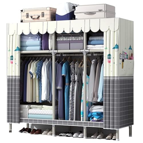 Portable Wardrobe Closet with Fabric Cover for Hanging Clothes Metal Clothing Rack with Rods, Shelves and 2 Side Pockets for Bedroom (Color : D, Size : 150x45x170cm)