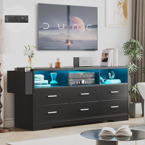 Large 6 Drawers Dresser for Bedroom with LED Lights and Charging Station 59