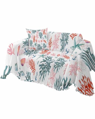 Nautical Orange Green Sofa Cover Couch Covers for 3-4 Cushion Couch Throw Couch Cover with Tassel Soft Sofa Slipcover Ocean Coral Starfish Beige Couch Furniture Protector for Dog Pet 71