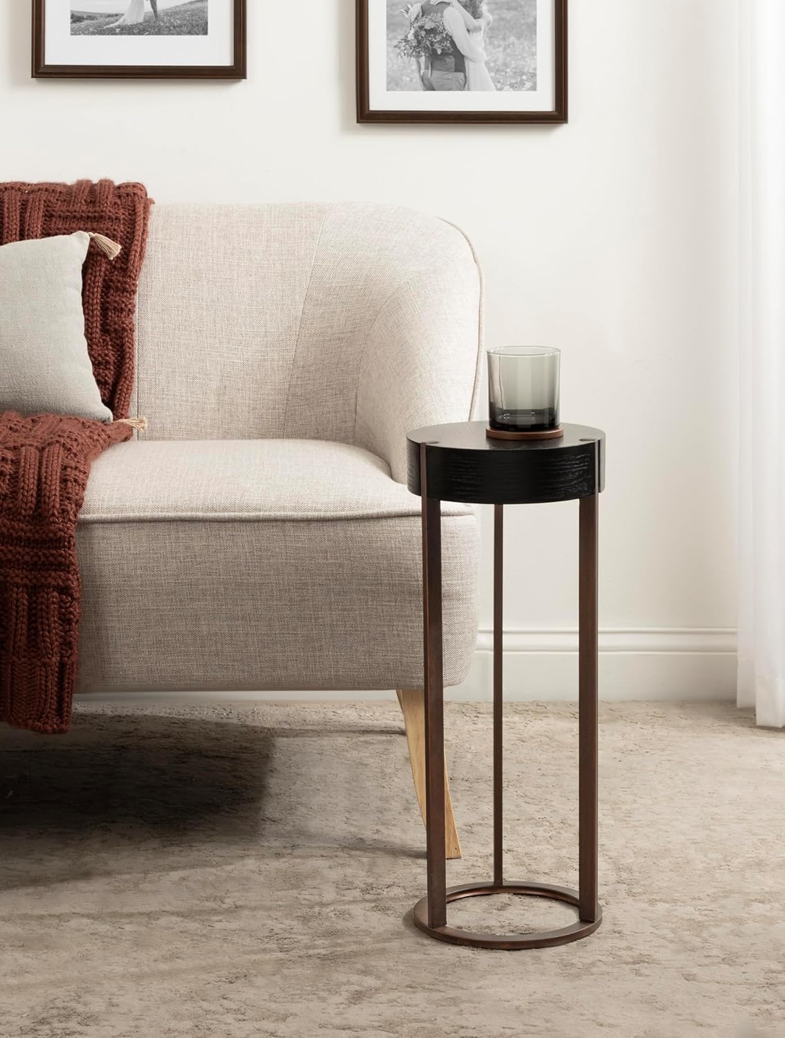 Kate and Laurel Rovin Modern Round Drink Table for Small Spaces and Textured Wood Grain Tabletop, 9x9x22, Black