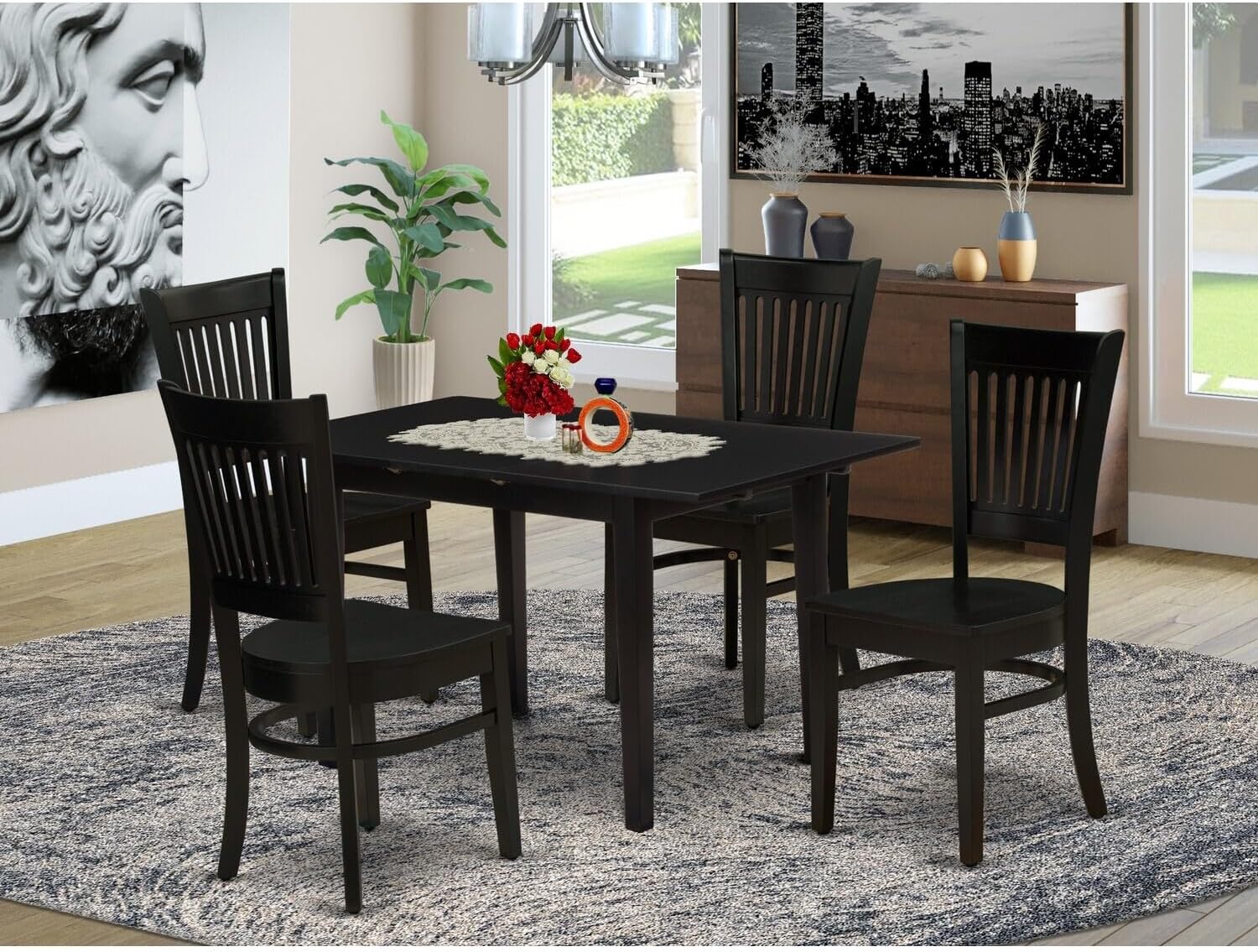 Handmade Home 5-Piece Wood Dinette Set4 Wood Dining Chairs with Slatted Back and Wooden Seat and Small Butterfly Leaf Dining Table with Rectangular Top and 4 Legs- Black Finish