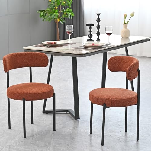 Dining Chairs Set of 2, Round Upholstered Kitchen Boucle Chairs, Mid-Century Modern Curved Back Dining Room Side Chair for Living Room Dining Room Kitchen Restaurant Café (Brown)