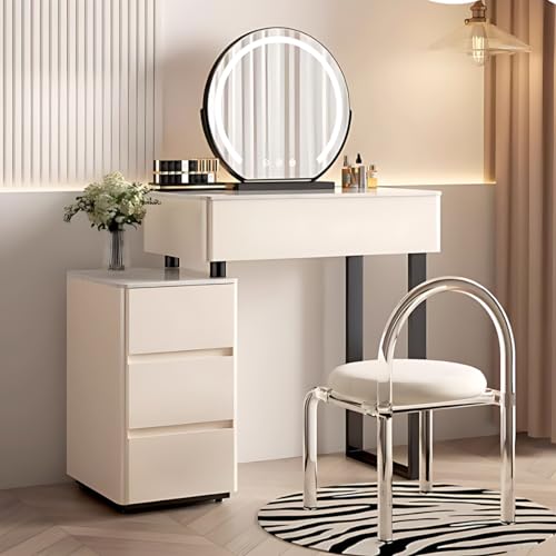 White Makeup Vanity - Solid Wood Frame Vanity Set with Smart LED Lights Mirror & 4 Drawers, Luxury Vanity Desk Include Makeup Chair, Suitable for Her (19.69'')