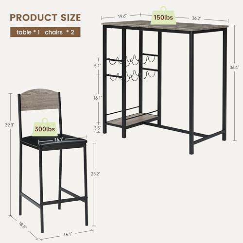 IDEALHOUSE Bar Table Set for 2 with Footrest, Kitchen Dining Table with 2 Upholstered Chairs, Small Space Counter Height Barstools for Counter Bar, Easy to Assemble, Rustic Brown