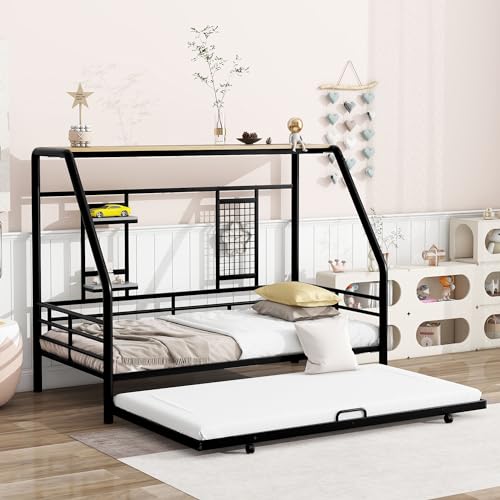 RUNNA Metal House Bed with Trundle, Built-in Shelf and Grid, Heavy Duty Metal Day Bed with Guardrail for Kids Boys Girls (Black, Full)
