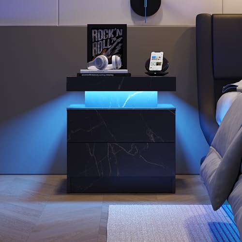 LED Nightstand,High Gloss Bedside Tables with 2 Drawers,Floating Nightstand with 16 Color & Adjustable Brightness Embedded LED Light Strip (Black Gold)