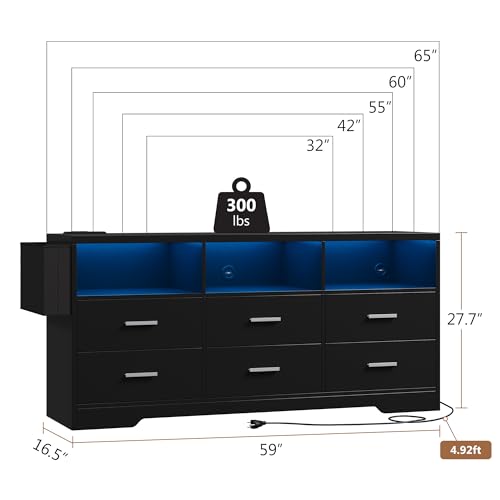 Large 6 Drawers Dresser for Bedroom with LED Lights and Charging Station 59