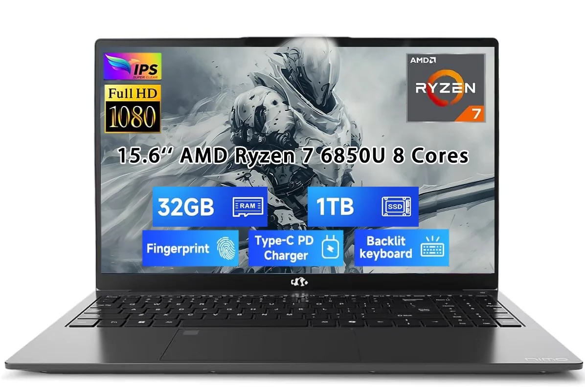 15.6" Light-Gaming-Laptop, 8 Cores AMD Ryzen 7 Pro 6850U 32GB LPDDR5 RAM 1TB SSD (Beat i7-1360P Up to 4.7GHz) AMD Radeon 680M GPU IPS FHD Computer with 100W Type-C Backlit Keyboard Fingerprint