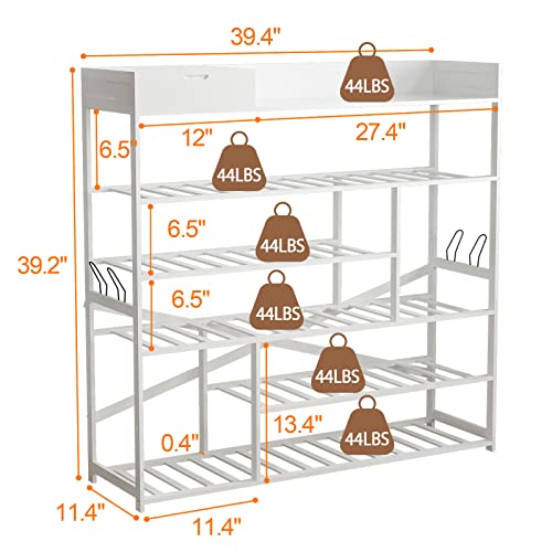 Bonzy Home Shoe Rack for Entryway, 6-Tier Bamboo Solid Wood Shoe Rack with Storage Shelf and Removable Hooks, Black
