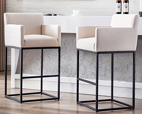 Modern Counter Height Bar Stools Set of 4, Linen Fabric Upholstered Bar Stools with Backs, 30 Inch Kitchen Island Stools with Black Metal Frame, Cream