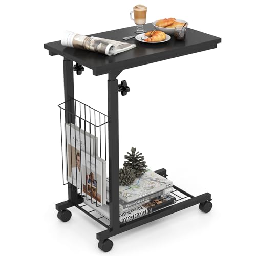 Giantex C Shaped End Table with Wheels, Height Adjustable Mobile Couch Snack Side Table with Storage Shelf, Side Basket, Sofa Bedside Laptop TV Tray C Table for Living Room, Bedroom, Rustic Brown