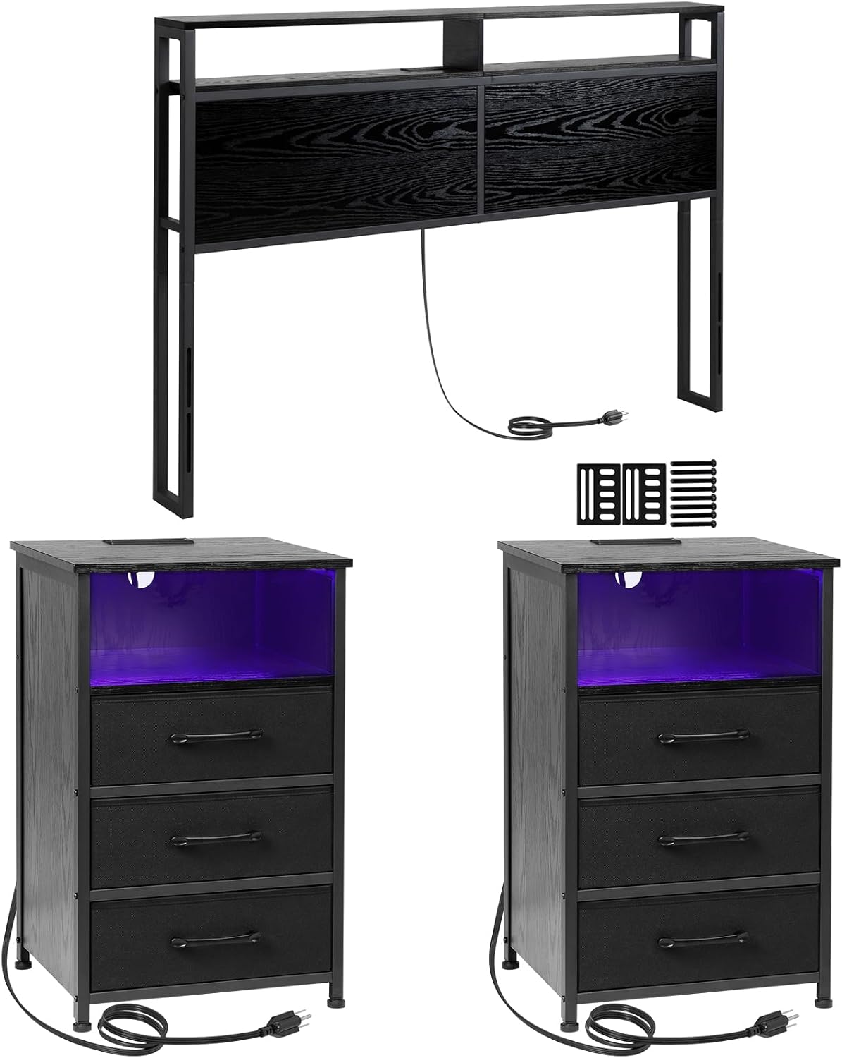 Queen Size Headboard,LED Nightstand with Charging Station