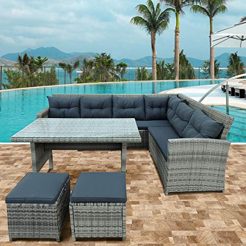 6-Piece Outdoor Patio Furniture Set All Weather PE Rattan Sofa with Back Cushions, Garden Wicker Sectional with Adjustable Seat, Storage Box, Removable Covers and Tempered Glass Top Table