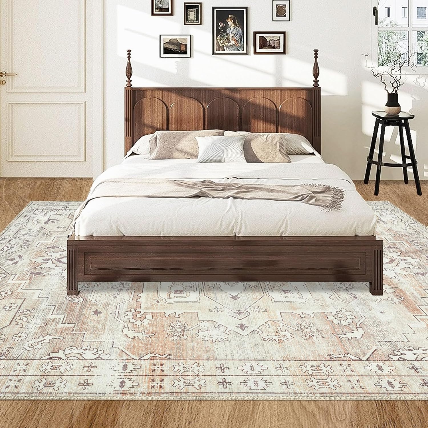 Area Rug 5x7 Washable Rugs: Living Room Boho Vintage Rug Soft Low Pile Non Slip Rug Distressed Indoor Floor Carpet for Bedroom Kitchen Dining Room Home Decor(5x7, Beige)