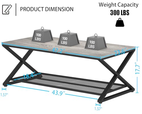 LVB Industrial Grey Coffee Table, 2 Tier Wood Metal Living Room Table, Wooden Rectangle Center Table with Storage, Farmhouse Low Cocktail Tea Table for Home Office Bedroom, Dark Gray Oak, 39 Inch