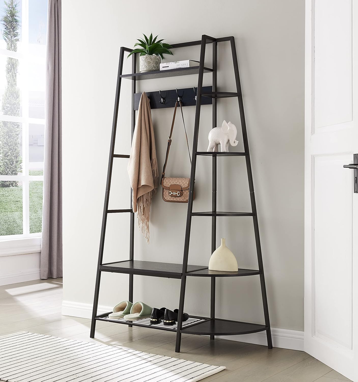Kings Brand Furniture - Hall Tree with Storage Bench and Shelf - Entryway Bench with Shoe Storage Hooks and Coat Rack Stand with Shelf - 5 Side Corner Wood Shelves for Home Decor - Pewter