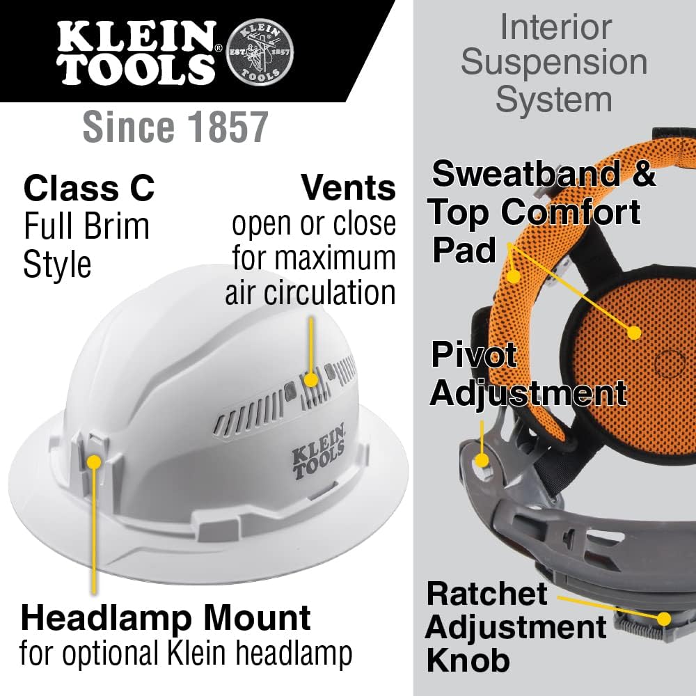 Klein Tools 60401 Hard Hat, Vented, Full Brim Style, Padded, Self-Wicking Odor-Resistant Sweatband, White