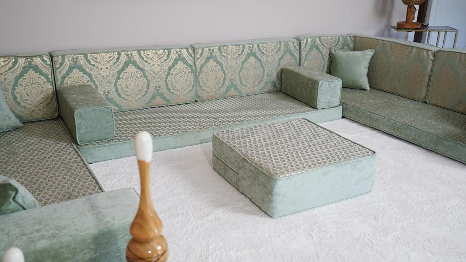 Arabic Diwan Sofa, Bench Cushions, Moroccan Sofa, Seat Cushions, Outdoor Furniture, Turkish Seating Pillows, Hookah Sofas, Sectional Sofa (4'' Thickness Sofa, U Sofa + Ottoman, Royal Green)