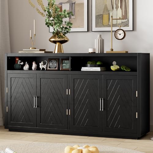 Merax Sideboard Buffet Cabinet with Storage Open Adjustable Shelves and Unique Grooved Lines Pattern Retro Kitchen Cupboard Media Console Table for Coffee Bar, Dining Living Room, 4-Door, Black
