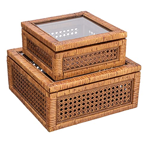 Creative Co-Op Modern Decorative Rectangle Woven Rattan and Wood Display Boxes with Glass Top, Set of 2 Sizes, Natural Finish