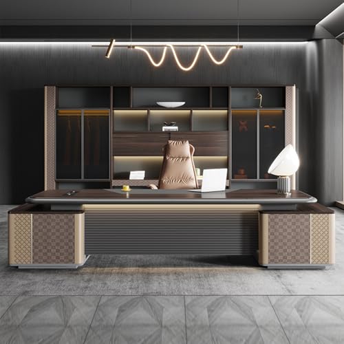 Executive Desk with Drawers with LED Light, Fashionable Executive Desk with Drawers and Cable Management, Computer Desk Business Furniture for Home Office