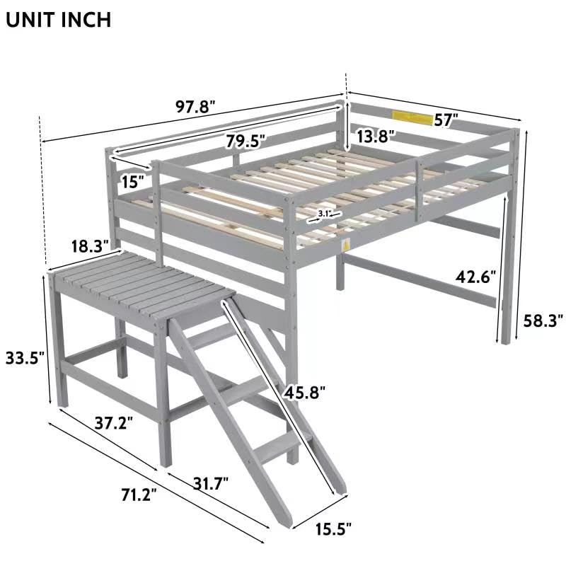 Wood Full Size Loft Bed with Platform and Ladder for Kids,Space Saving Low Loft-Bed for Girls Boys,Gray