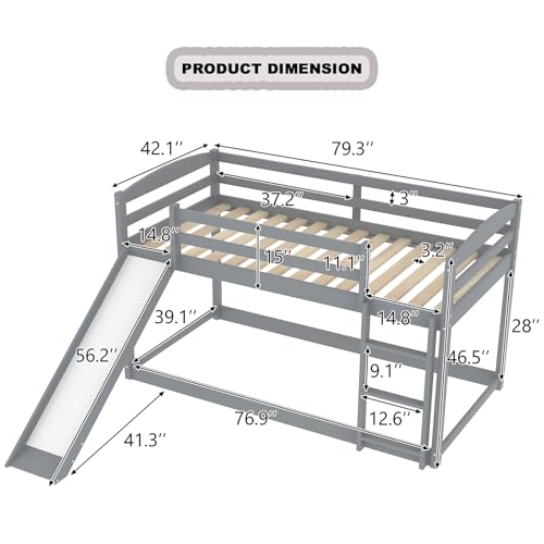House Bunk Bed with Convertible Slide and Ladder Twin Bed Frame with Safety Guardrail Pine Wood Bunk Bed without Mattress for Family Bedroom,Gray2,Twin
