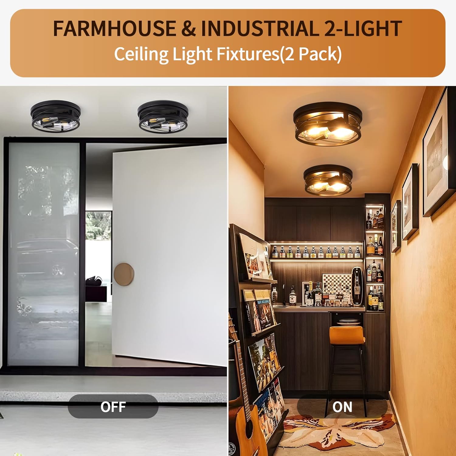 Farmhouse Flush Mount Ceiling Light Black Ceiling Light Fixtures 2 Pack Industrial Flush Mount Ceiling Light for Hallway, Kitchen, Foyer, Bedroom Living Room Laundry