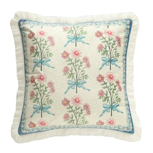Designer French Country Velvet Throw Pillow Cover 18x18 inches,Elegant Blue Pink Small Floral Pattern,Decorative Square Pillowcases Cushion for Bed Living Room Outdoor Car